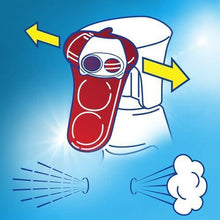 Illustrated spray cleaner bottle icon with blue nozzle and red body