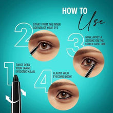 Black kohl liner pencil applying along lower lash line on an eye