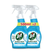 Pair of Jif Ultra Fast window cleaning spray bottles, blue with white trigger sprayers
