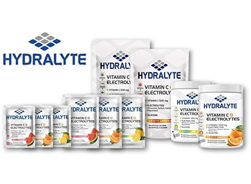 Hydralyte vitamin C electrolyte hydration powder assortment with tubs sachets and citrus flavors