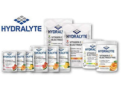 Hydralyte vitamin C electrolyte hydration powder assortment with tubs sachets and citrus flavors