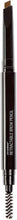 Retractable brow pencil close-up with brown angled tip and black casing, microbrush end.