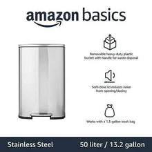 Stainless steel kitchen bin with foot pedal and softly closing lid, satin nickel finish.