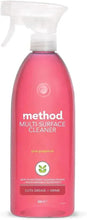 Pink grapefruit multi-surface cleaner bottle with spray nozzle, method logo and icon