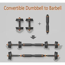Convertible dumbbells assembled as barbell with weight plates on both ends