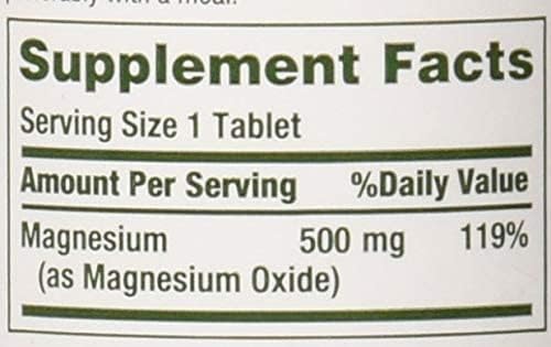 Nature's Bounty magnesium tablets supplement facts label showing Serving Size 1 Tablet and Magnesium 500 mg 119 percent