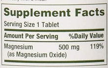 Supplement Facts panel: Magnesium 500 mg, 119% daily value