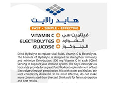 Hydralyte label showing Vitamin C, electrolytes and glucose benefits with usage instructions for electrolyte hydration powder