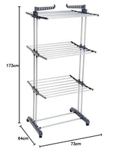 Clothes dryer tower shown from side with three tiers, end support bars, and wheels.