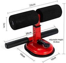 Adjustable sit-up bar with black foam roller handles and red suction seat