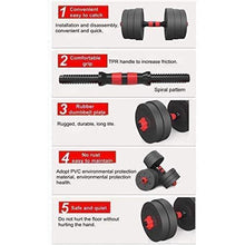Adjustable dumbbell/barbell set with black plates, red grip wraps, and ribbed handle
