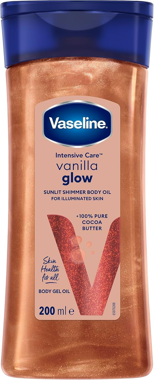 Vaseline Intensive Care, Vanilla Glow + Sunlit Shimmer Body Oil, 200ml Gel | For Illuminated Skin | Goodness of 100% Pure Cocoa Butter*