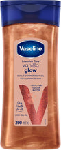 Vaseline Intensive Care vanilla glow body oil bottle, 200 ml, blue cap