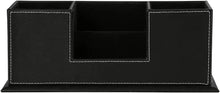 Black PU leather desk organizer with open center and stitched trim, four compartments