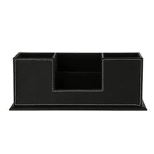 Black PU desk organizer with four compartments and stitched edges, open center well.