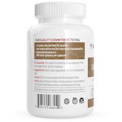 White bottle back label of Real Mushrooms showing supplement facts and organic lions mane mushroom capsules