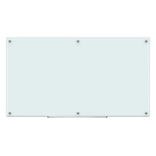White glass dry-erase magnetic board with metal corner mounts