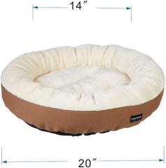Round Bolster Pet Bed with Flannel Top, 20-Inch, Brown and Ivory