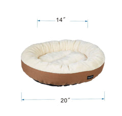 Round Bolster Pet Bed with Flannel Top, 20-Inch, Brown and Ivory