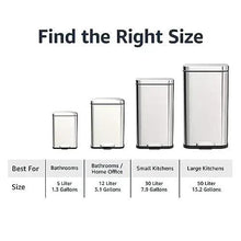 Stainless steel kitchen bins shown in multiple sizes, foot pedal base, satin nickel.