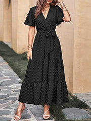MASCOMODA - Vestidos largos bohemios con lunares suizos para mujer, cruzados, con cuello en V, mangas cortas, lisos, con cinturón para atar, corte en A, fluidos y escalonados