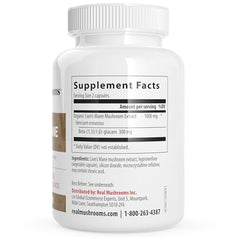 Real Mushrooms white supplement bottle showing Supplement Facts label and ingredient list for organic lions mane mushroom capsules