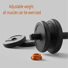 Adjustable dumbbell weight plates with dark handle and orange safety spacer pieces