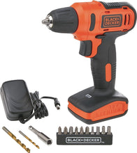 Orange and black BLACK+DECKER 12V cordless drill driver with visible bit set and charger