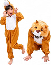 Kids lion hooded jumpsuit costume in orange with lion face hood and white muzzle