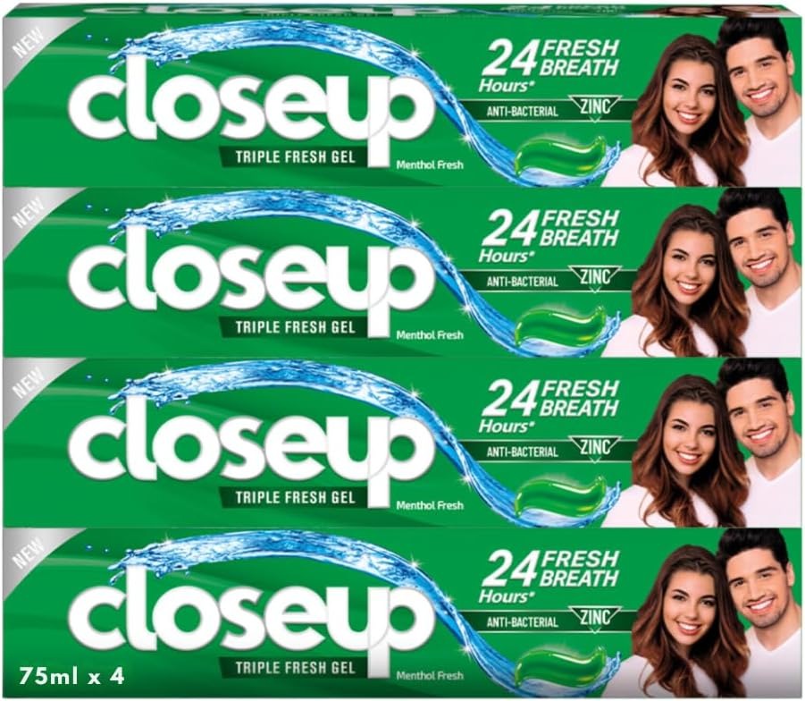 Closeup Triple Fresh Gel Toothpaste, Menthol Fresh, for 24HR fresh breath, 75ml x 4