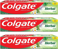 Colgate Herbal toothpaste pack of 3, red and green boxes with floral accents