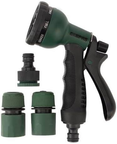 Garden hose sprayer set with green fittings, black hose connector, and trigger