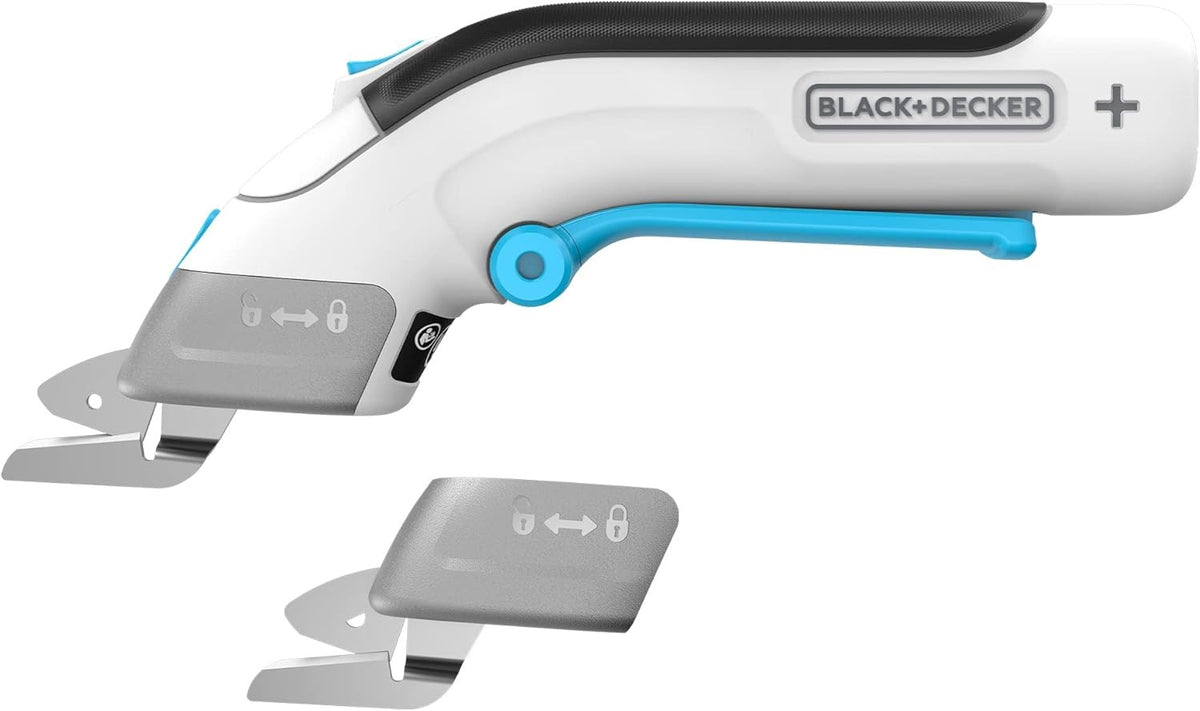 Cordless electronic scissors with white body and blue non-slip handle, twin blade heads
