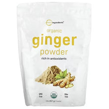 Organic ginger powder pouch with organic ginger text and root illustration