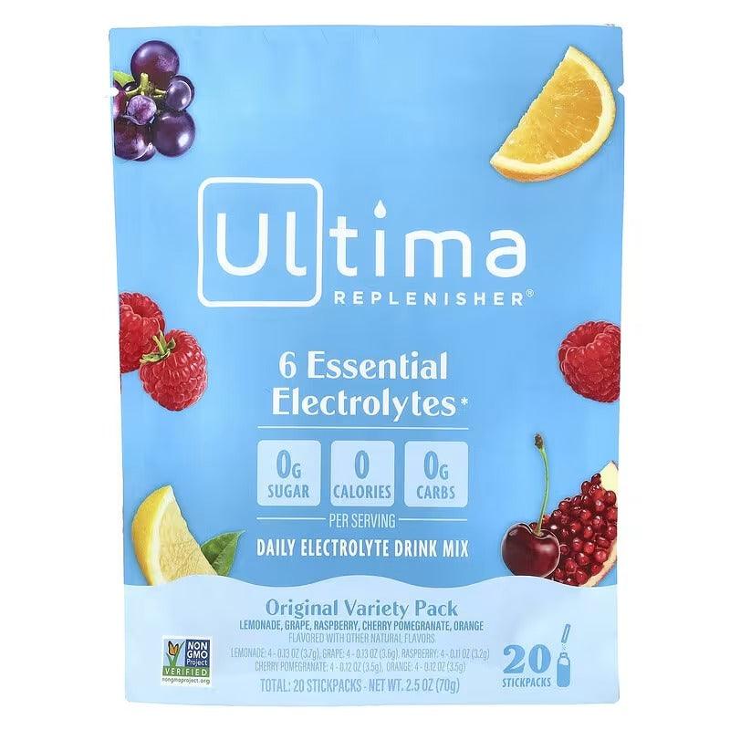 Electrolyte drink mix variety pack box with 6 essential electrolytes, 20 stickpacks