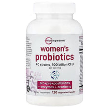 Women's probiotics supplement bottle with label for 120 vegetarian capsules