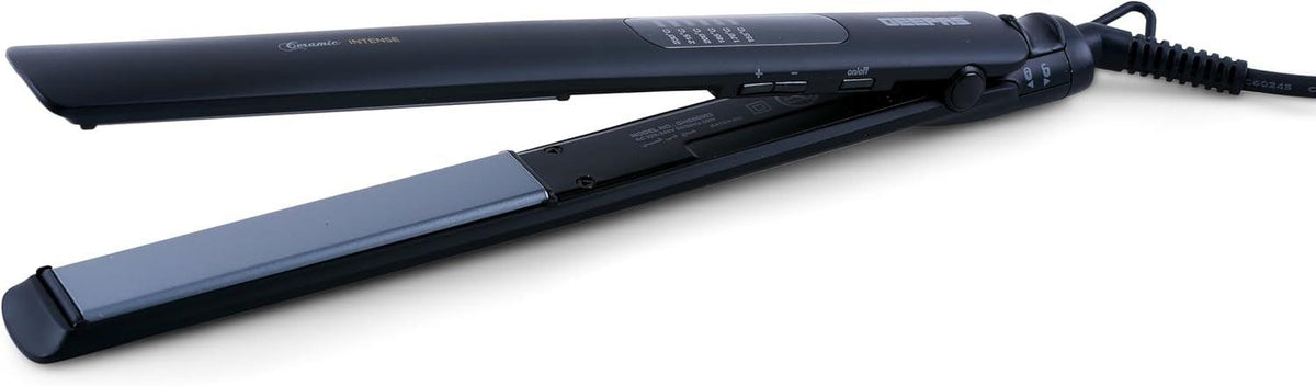 Black hair straightener with flat ceramic plates and power cord