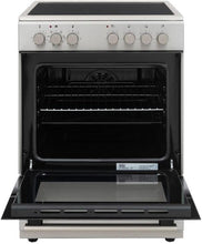 Electric cooker with 4-zone ceramic hob and open flat glass oven door, stainless style