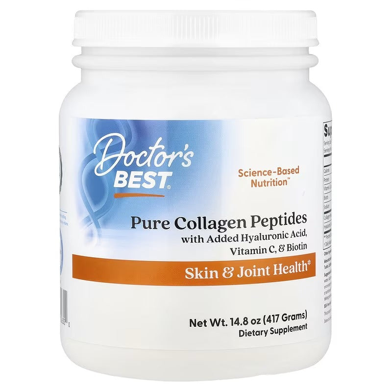 Collagen peptides supplement bottle, white with blue label and orange band