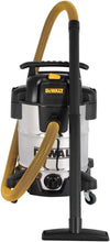 Wet and dry industrial vacuum cleaner with yellow hose, black handle, silver canister on wheels