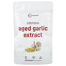 Odorless aged garlic extract supplement pouch, microingredients logo, garlic icons