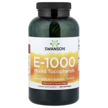 Swanson Vitamin E-1000 mixed tocopherols supplement bottle with front label, 250 softgels