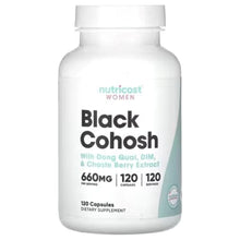 Black cohosh dietary supplement bottle, 660 mg, Nutricost Women label on front.