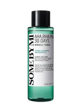 Green toner bottle with black cap, 'AHA.BHA.PHA Miracle Toner' label