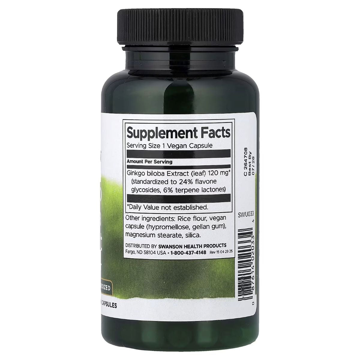 Ginkgo biloba extract supplement bottle with Supplement Facts label on side