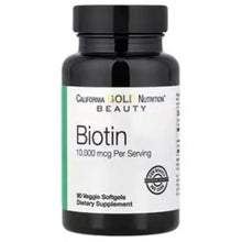 Biotin dietary supplement bottle with black cap and front white label