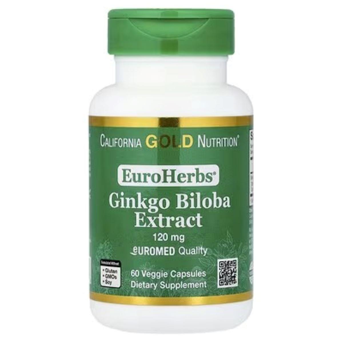 California Gold Nutrition EuroHerbs™ Ginkgo Biloba Extract 120 mg – 60 Veggie Capsules – Euromed Quality Standardized Herbal Supplement