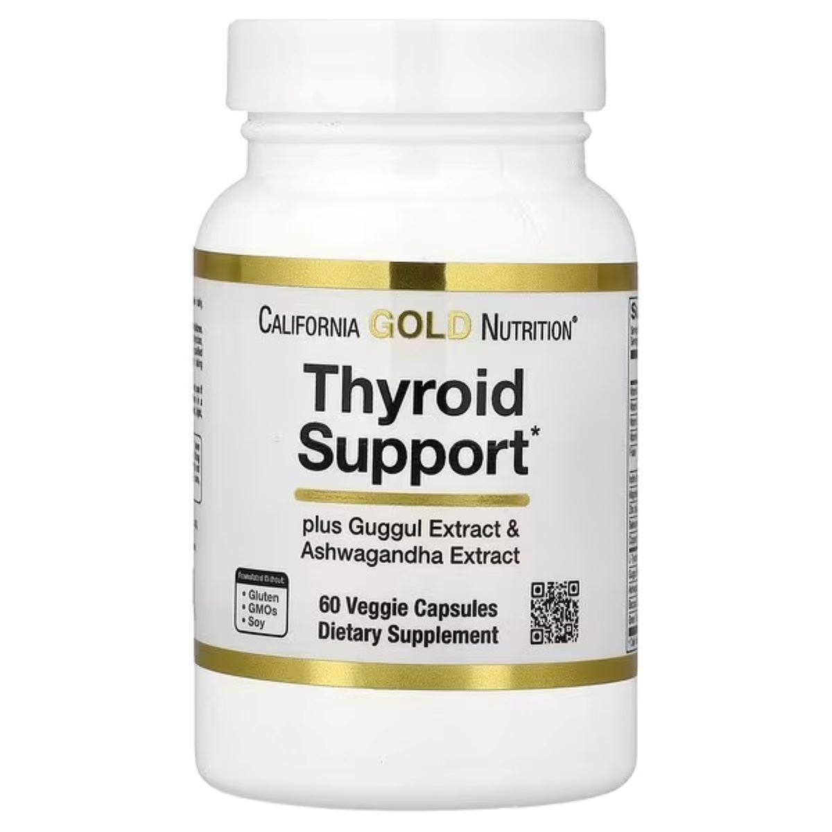 California Gold Nutrition Thyroid Support with Guggul, Ashwagandha, Bacopa & Green Tea Extract – Metabolism & Hormonal Balance Formula, 60 Veg Capsules