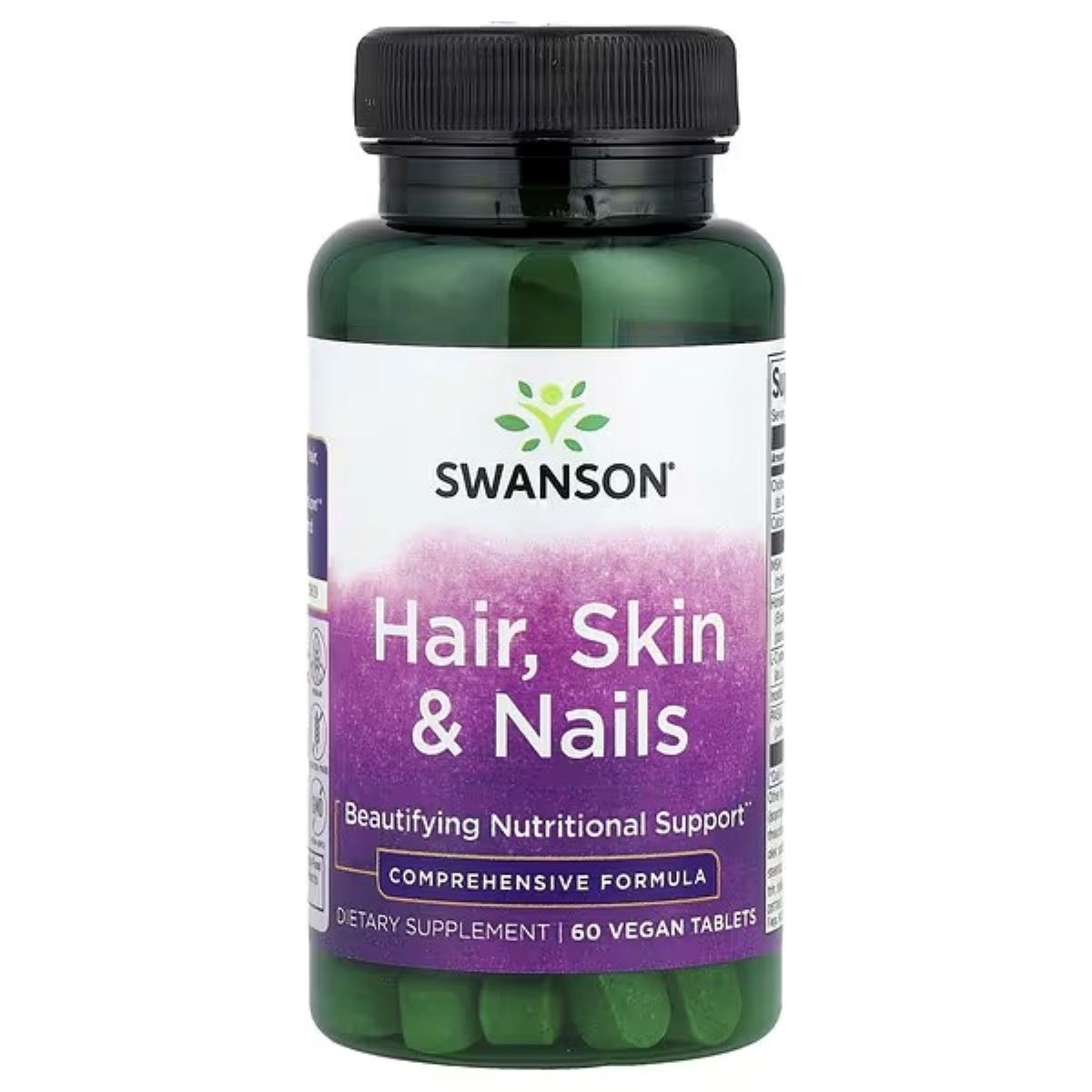 Vegan hair, skin & nails supplement bottle, purple label, 60 tablets