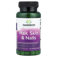 Vegan hair, skin & nails supplement bottle, purple label, 60 tablets